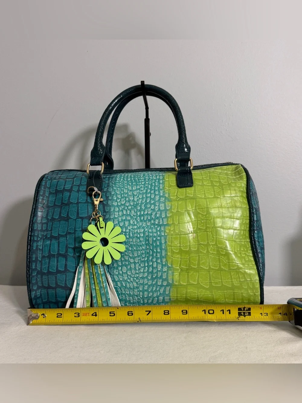 Teal Lime Ombre Croc Embossed Satchel Crossbody Bag Faux Leather